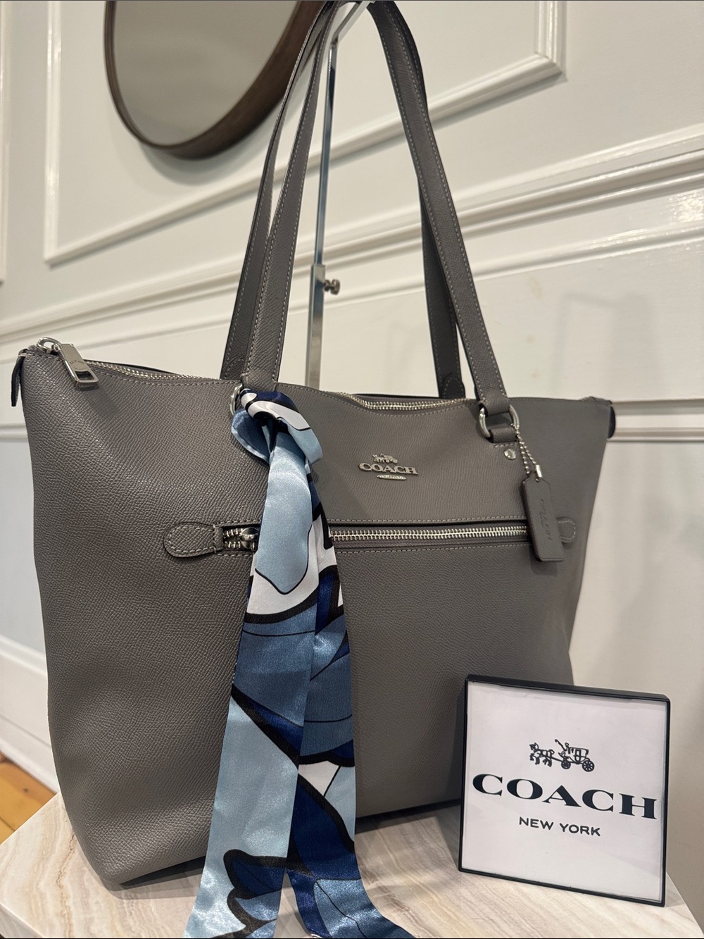 Coach Bag Gallery Grey Leather Tote with Scarf